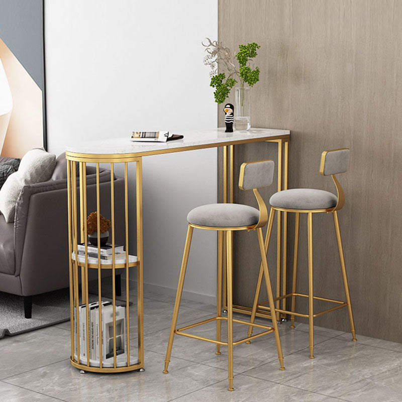 Faux Marble Indoor Glam Bar Dining Table Iron Double Pedestal Bistro Table with Shelve 86.6"L x 15.7"W x 41.3"H Without Chairs Clearhalo 'Bar Furniture' 'Bar Tables' 'bar_tables' 'furn' 'furn_bar_tables' 'Furniture' 'furniture_bar_tables' 'Kitchen & Dining Furniture' 'kitchen&dining_furn' 'kitchen' 4335347