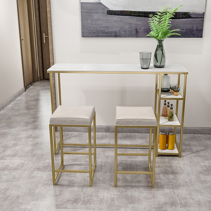 Glam Rectangle Indoor Bar Dining Table Iron Trestle Pedestal Bistro Table with Shelve 63"L x 15.7"W x 41.3"H Gold Clearhalo 'Bar Furniture' 'Bar Tables' 'bar_tables' 'furn' 'furn_bar_tables' 'Furniture' 'furniture_bar_tables' 'Kitchen & Dining Furniture' 'kitchen&dining_furn' 'kitchen' 4335374