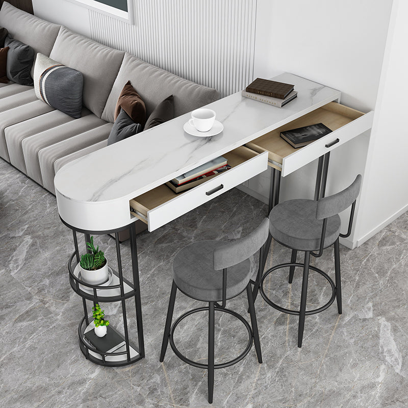 Stone Indoor Glam Bar Dining Table Iron Double Pedestal Bistro Table with Drawer 47.2"L x 15.7"W x 41.3"H Black 2 Clearhalo 'Bar Furniture' 'Bar Tables' 'bar_tables' 'furn' 'furn_bar_tables' 'Furniture' 'furniture_bar_tables' 'Kitchen & Dining Furniture' 'kitchen&dining_furn' 'kitchen' 4335392