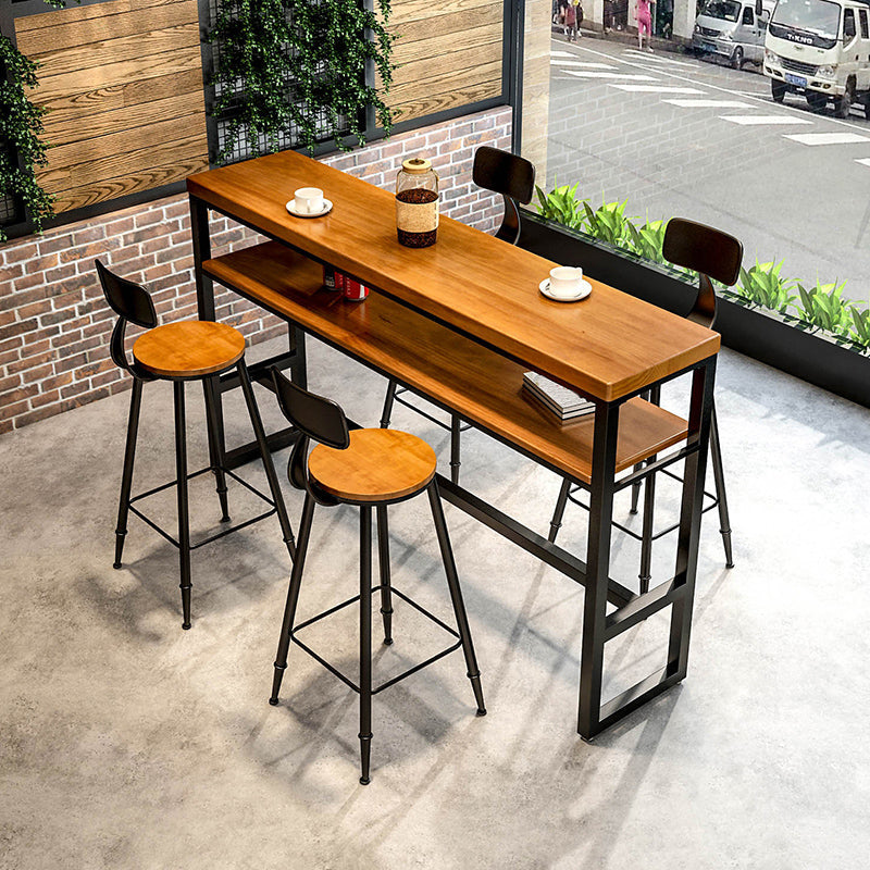 Modern Rectangle Bar Dining Table Wood Trestle Bar Height Table with Shelves 110.2"L x 15.7"W x 41.3"H Without Chairs Clearhalo 'Bar Furniture' 'Bar Tables' 'bar_tables' 'furn' 'furn_bar_tables' 'Furniture' 'furniture_bar_tables' 'Kitchen & Dining Furniture' 'kitchen&dining_furn' 'kitchen' 4335908