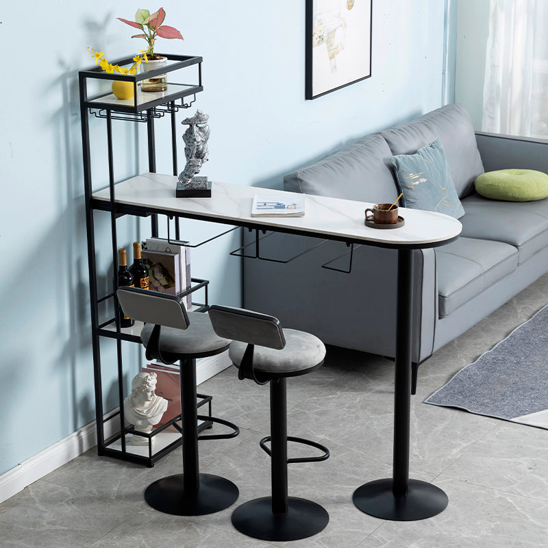 Contemporary Double Pedestal Bar/Dinette Table Wine Rack Stone Counter-height Pub Table 70.9"L x 15.7"W x 41.3"H Black Without Chairs Clearhalo 'Bar Furniture' 'Bar Tables' 'bar_tables' 'furn' 'furn_bar_tables' 'Furniture' 'furniture_bar_tables' 'Kitchen & Dining Furniture' 'kitchen&dining_furn' 'kitchen' 4342782