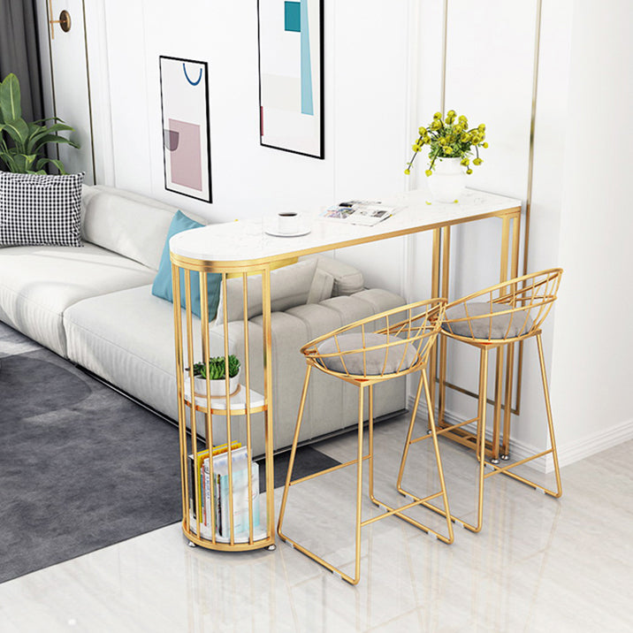 Glam Faux Marble Indoor Pub Bar Table Iron Double Pedestal Bar Dining Table with 2-Shelf 78.7"L x 15.7"W x 41.3"H Without Chairs Clearhalo 'Bar Furniture' 'Bar Tables' 'bar_tables' 'furn' 'furn_bar_tables' 'Furniture' 'furniture_bar_tables' 'Kitchen & Dining Furniture' 'kitchen&dining_furn' 'kitchen' 4380886