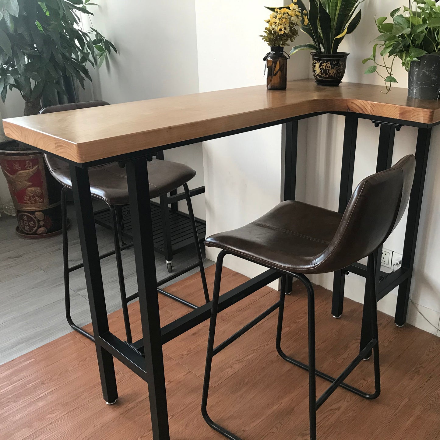 Industrial Black Iron Bar Table Wood Specialty Top 41.3"H Bistro Table for Living Room 55"L x 47"W x 41"H Without Chairs Clearhalo 'Bar Furniture' 'Bar Tables' 'bar_tables' 'furn' 'furn_bar_tables' 'Furniture' 'furniture_bar_tables' 'Kitchen & Dining Furniture' 4393354