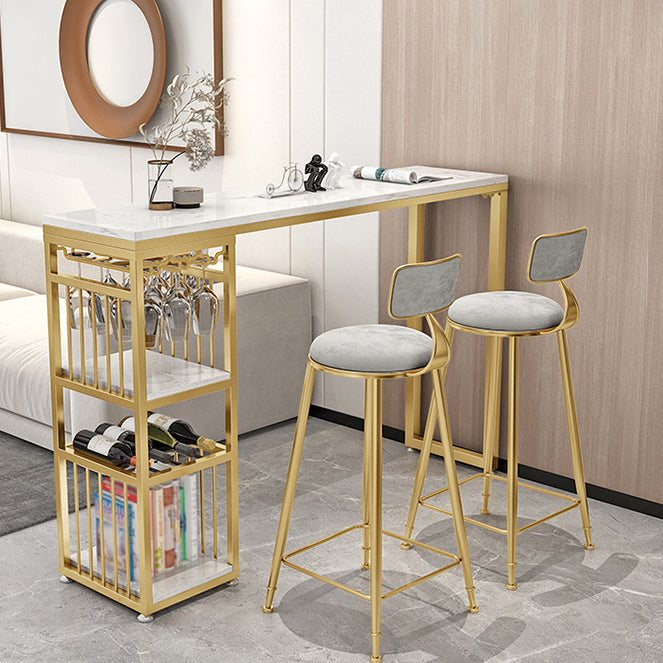 Modern Rectangle Bar Dining Table with Shelves Bar Height Pub Table with Iron Base 78.7"L x 15.7"W x 41.3"H White-Gold Without Chairs Clearhalo 'Bar Furniture' 'Bar Tables' 'bar_tables' 'furn' 'furn_bar_tables' 'Furniture' 'furniture_bar_tables' 'Kitchen & Dining Furniture' 4401229