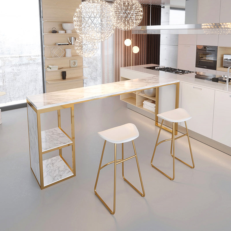 Glam Rectangle Faux Marble Bar Table Double Pedestal Bar Table with 2-Shelf, Only Table 55.1"L x 15.7"W x 41.3"H Gold Without Chairs Clearhalo 'Bar Furniture' 'Bar Tables' 'bar_tables' 'furn' 'furn_bar_tables' 'Furniture' 'furniture_bar_tables' 'Kitchen & Dining Furniture' 4401508