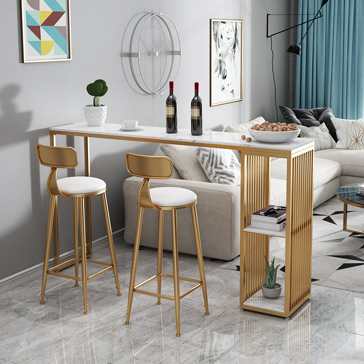 Glam Rectangle Faux Marble Bistro Table Iron Double Pedestal Bar Dining Table with 2-Shelf 55.1"L x 15.7"W x 41.3"H Gold Without Chairs Clearhalo 'Bar Furniture' 'Bar Tables' 'bar_tables' 'furn' 'furn_bar_tables' 'Furniture' 'furniture_bar_tables' 'Kitchen & Dining Furniture' 4401587