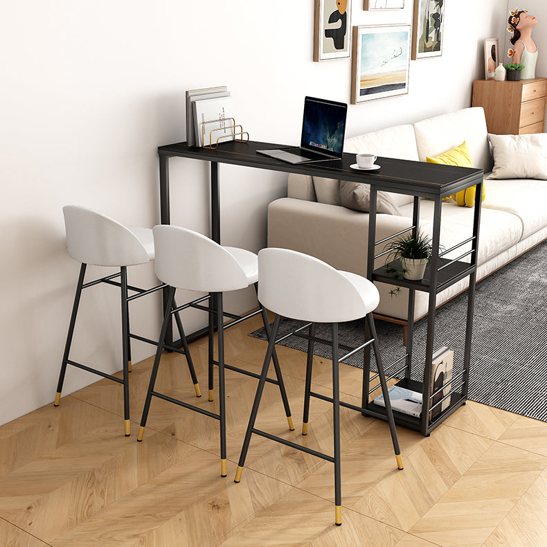 Industrial Rectangle Stone Pub Bar Table Indoor Black Iron Bar Dining Table with Shelf 55.1"L x 15.7"W x 41.3"H Black Without Chairs Clearhalo 'Bar Furniture' 'Bar Tables' 'bar_tables' 'furn' 'furn_bar_tables' 'Furniture' 'furniture_bar_tables' 'Kitchen & Dining Furniture' 4416428