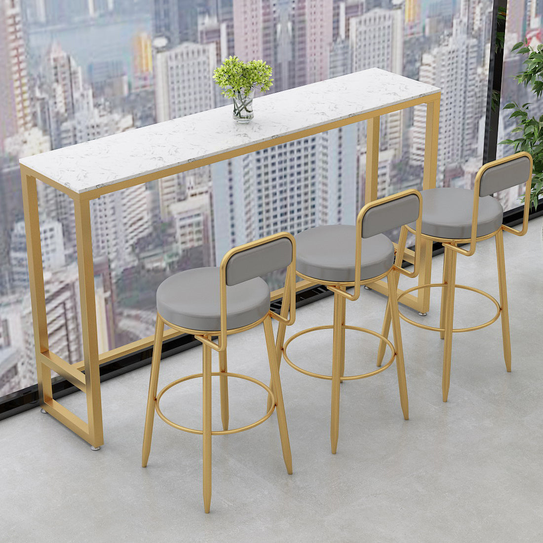 Glam Rectangle Stone Bar Table Indoor Iron Bar Table with Trestle Pedestal, Only Table 70.9"L x 15.7"W x 41.3"H Marble Without Chairs Clearhalo 'Bar Furniture' 'Bar Tables' 'bar_tables' 'furn' 'furn_bar_tables' 'Furniture' 'furniture_bar_tables' 'Kitchen & Dining Furniture' 4416444