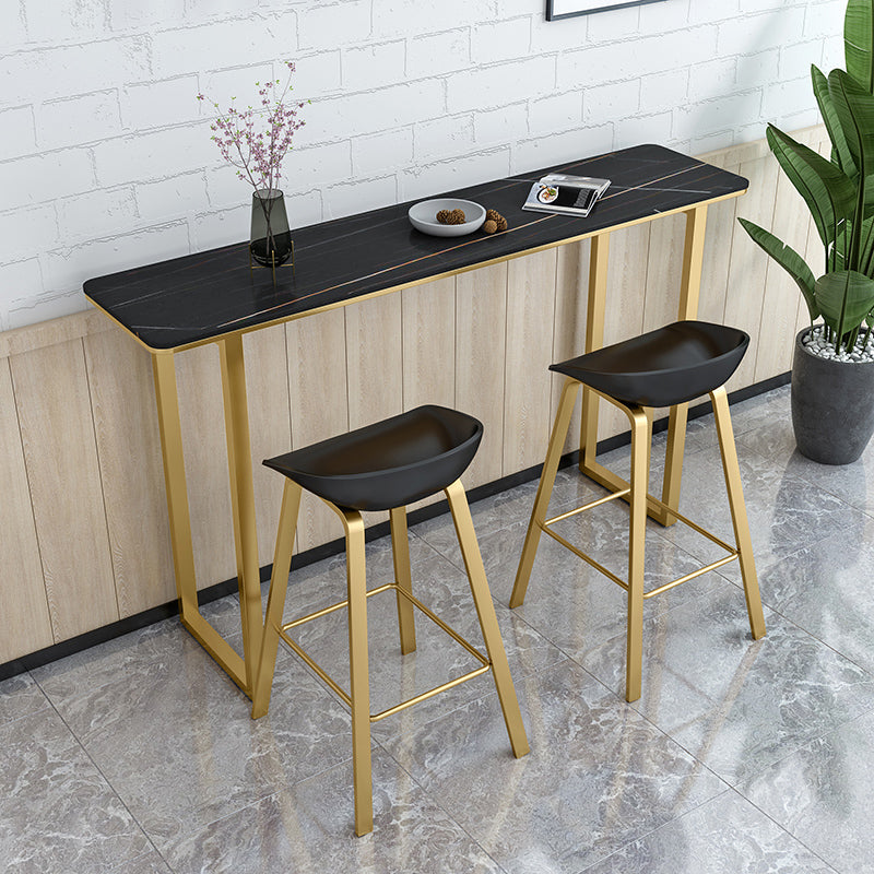 Glam Rectangle Stone Bar Table Indoor Iron Bar Dining Table with Sled Pedestal, Only Table 78.7"L x 15.7"W x 41.3"H Black Without Chairs Clearhalo 'Bar Furniture' 'Bar Tables' 'bar_tables' 'furn' 'furn_bar_tables' 'Furniture' 'furniture_bar_tables' 'Kitchen & Dining Furniture' 4416460