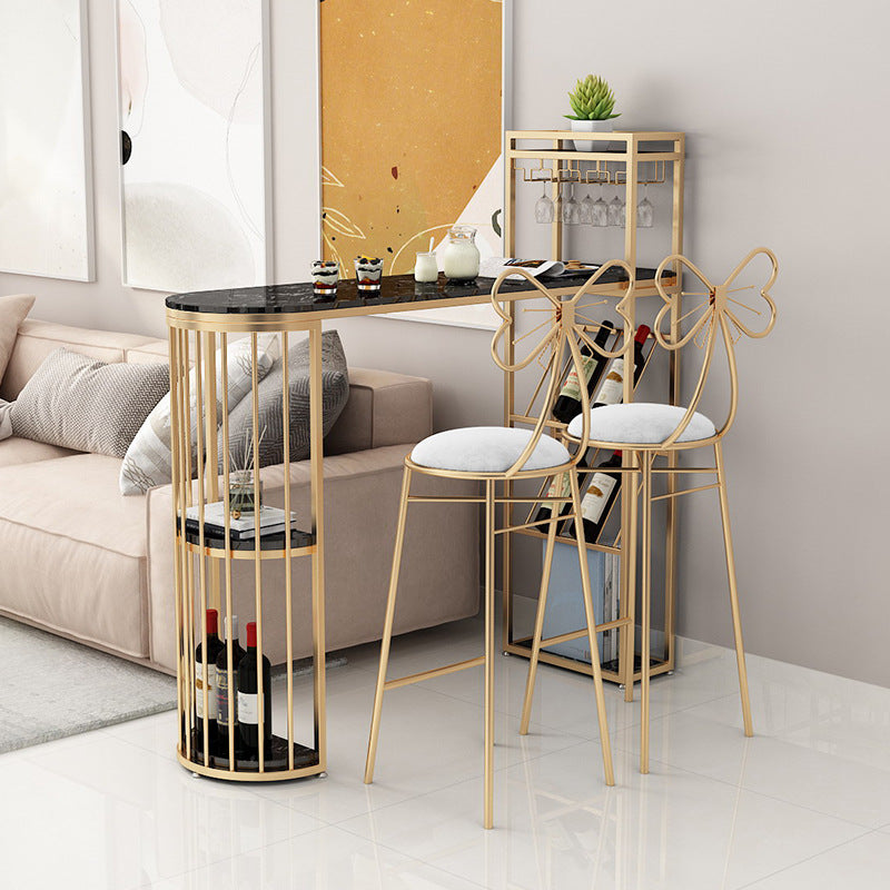Glam Wine Rack Pub Height Dining Table Double Pedestal Cafe and Break-room Bar Table 78.7"L x 15.7"W x 41.3"H Black-Gold Without Chairs Clearhalo 'Bar Furniture' 'Bar Tables' 'bar_tables' 'furn' 'furn_bar_tables' 'Furniture' 'furniture_bar_tables' 'Kitchen & Dining Furniture' 4416669