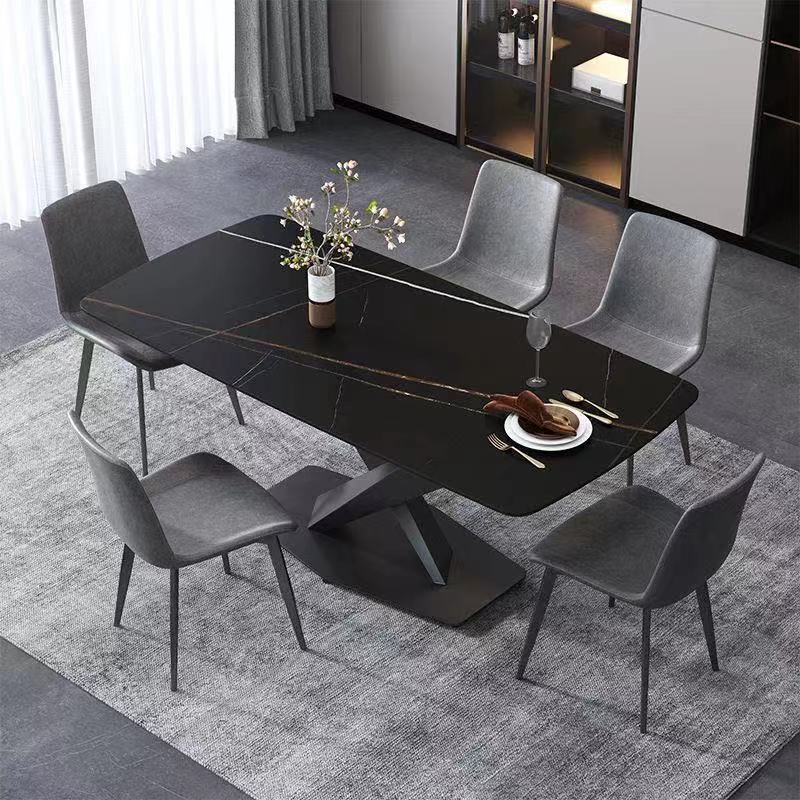 Industrial Kitchen Standard Dining Table Sintered Stone Dining Table with Pedestal Base Black Gold 70.9"L x 35.4"W x 29.5"H Without Chairs Clearhalo ' dining_table' 'Dining Tables & Seating' 'Dining Tables' 'furn' 'furn_dining_table' 'Furniture' 'furniture_dining_table' 'Kitchen & Dining Furniture' 'kitchen&dining_furn' 'kitchen' 'kitchen_dining_table' 4422134