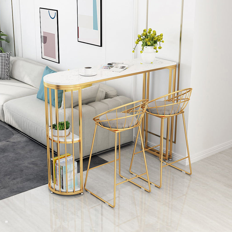 Glam White Faux Marble Pub Bar Table Gold Iron Double Pedestal Bar Dining Table with Shelf 63"L x 15.7"W x 41.3"H Without Chairs Clearhalo 'Bar Furniture' 'Bar Tables' 'bar_tables' 'furn' 'furn_bar_tables' 'Furniture' 'furniture_bar_tables' 'Kitchen & Dining Furniture' 4423239