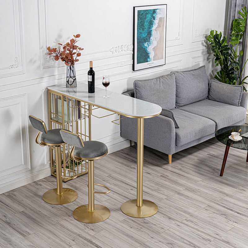 Glam Faux Marble Bistro Table Indoor Iron Double Pedestal Bar Dining Table with 3-Shelf 78.7"L x 15.7"W x 41.3"H Gold Without Chairs Clearhalo 'Bar Furniture' 'Bar Tables' 'bar_tables' 'furn' 'furn_bar_tables' 'Furniture' 'furniture_bar_tables' 'Kitchen & Dining Furniture' 4423302