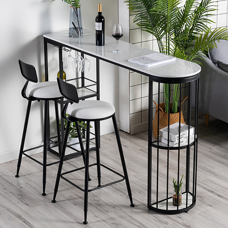 Glam Faux Marble Bistro Table Indoor Iron Double Pedestal Bar Dining Table with 4-Shelf 70.9"L x 15.7"W x 41.3"H Black Without Chairs Clearhalo 'Bar Furniture' 'Bar Tables' 'bar_tables' 'furn' 'furn_bar_tables' 'Furniture' 'furniture_bar_tables' 'Kitchen & Dining Furniture' 4423365
