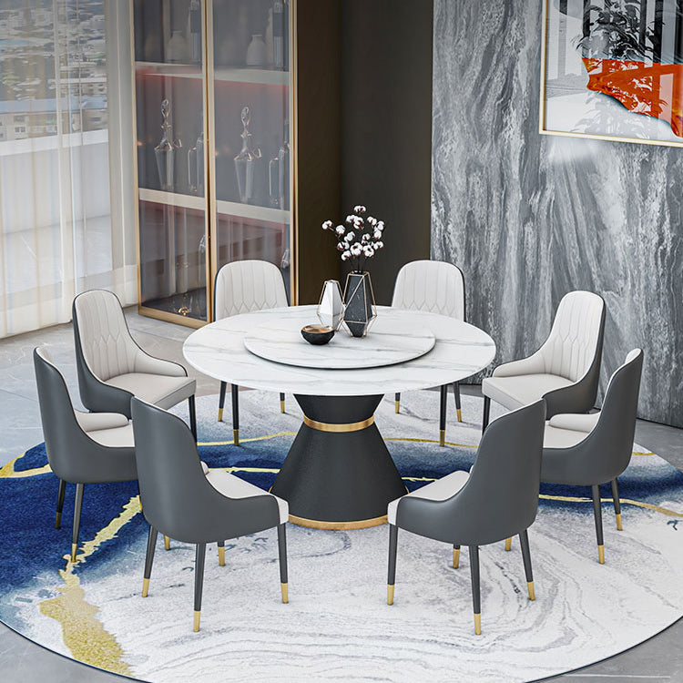 1/2/7/9 Pcs Metal Modern Dining Room Set with Round Table and Pedestal Base Dining Set 9 Pieces: White-Gold Table, 8 White Chairs Clearhalo 'Dining Room Sets' 'Dining Tables & Seating' 'dining_room_set' 'furn' 'furn_dining_room_set' 'Furniture' 'furniture_dining_room_set' 'Kitchen & Dining Furniture' 'kitchen&dining_furn' 'kitchen' 4428938