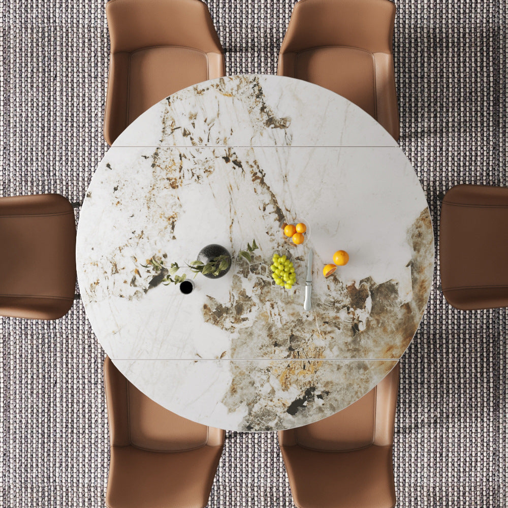Traditional Luxury Dining Table Round Sintered Stone Pedestal Table with Metal Base 59.1"L x 59.1"W x 29.5"H Pandora Gold Clearhalo ' dining_table' 'Dining Tables & Seating' 'Dining Tables' 'Furniture' 'furniture_dining_table' 'Kitchen & Dining Furniture' 'kitchen&dining_furn' 'kitchen' 'kitchen_dining_table' 4429334