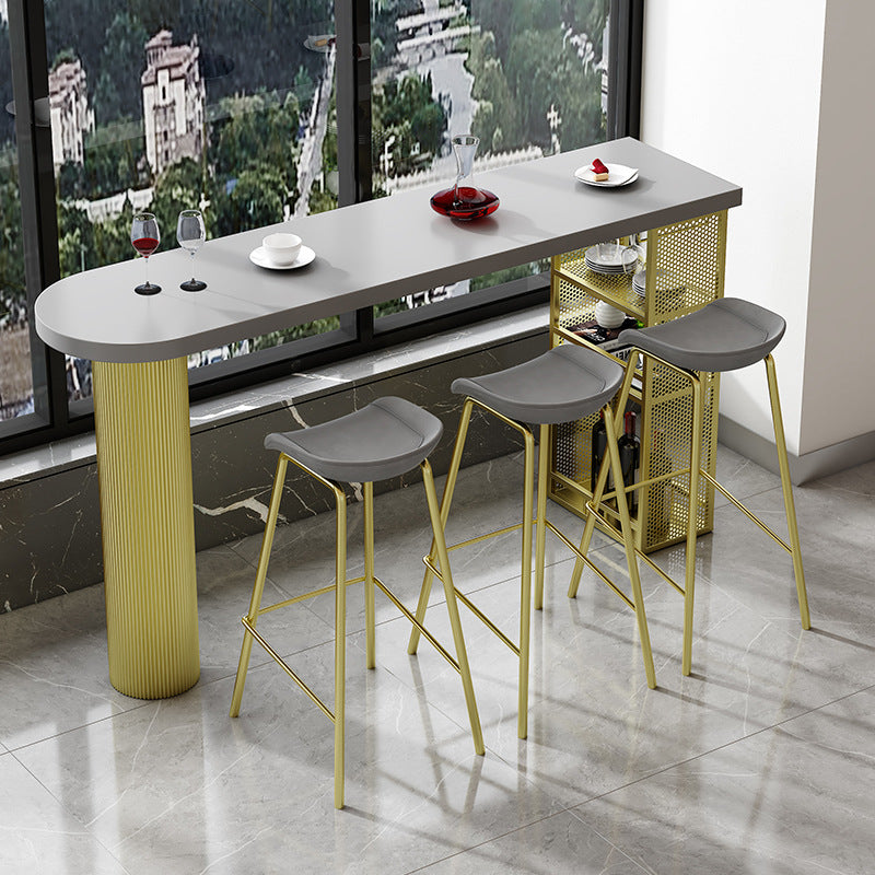 Industrial Wood Indoor Pub Bar Table Iron Double Pedestal Bar Dining Table with 3-Shelf 86.6"L x 19.7"W x 41.3"H Grey-Gold Without Chairs Clearhalo 'Bar Furniture' 'Bar Tables' 'bar_tables' 'furn' 'furn_bar_tables' 'Furniture' 'furniture_bar_tables' 'Kitchen & Dining Furniture' 4430597
