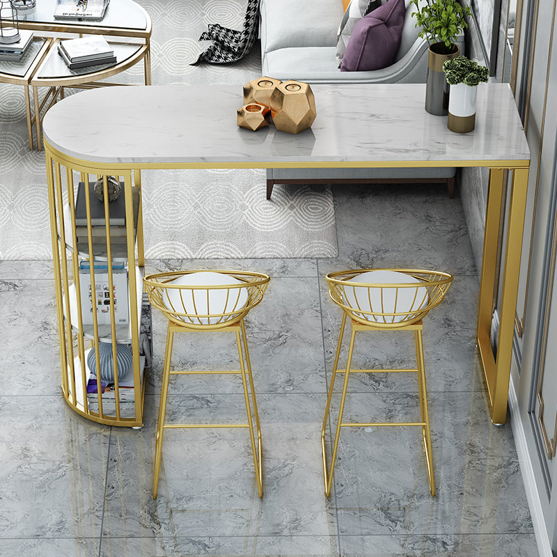 Glam Faux Marble Bistro Table Gold Iron Double Pedestal Bar Dining Table with 3-Shelf 78.7"L x 15.7"W x 41.3"H Without Chairs Clearhalo 'Bar Furniture' 'Bar Tables' 'bar_tables' 'furn' 'furn_bar_tables' 'Furniture' 'furniture_bar_tables' 'Kitchen & Dining Furniture' 4430636