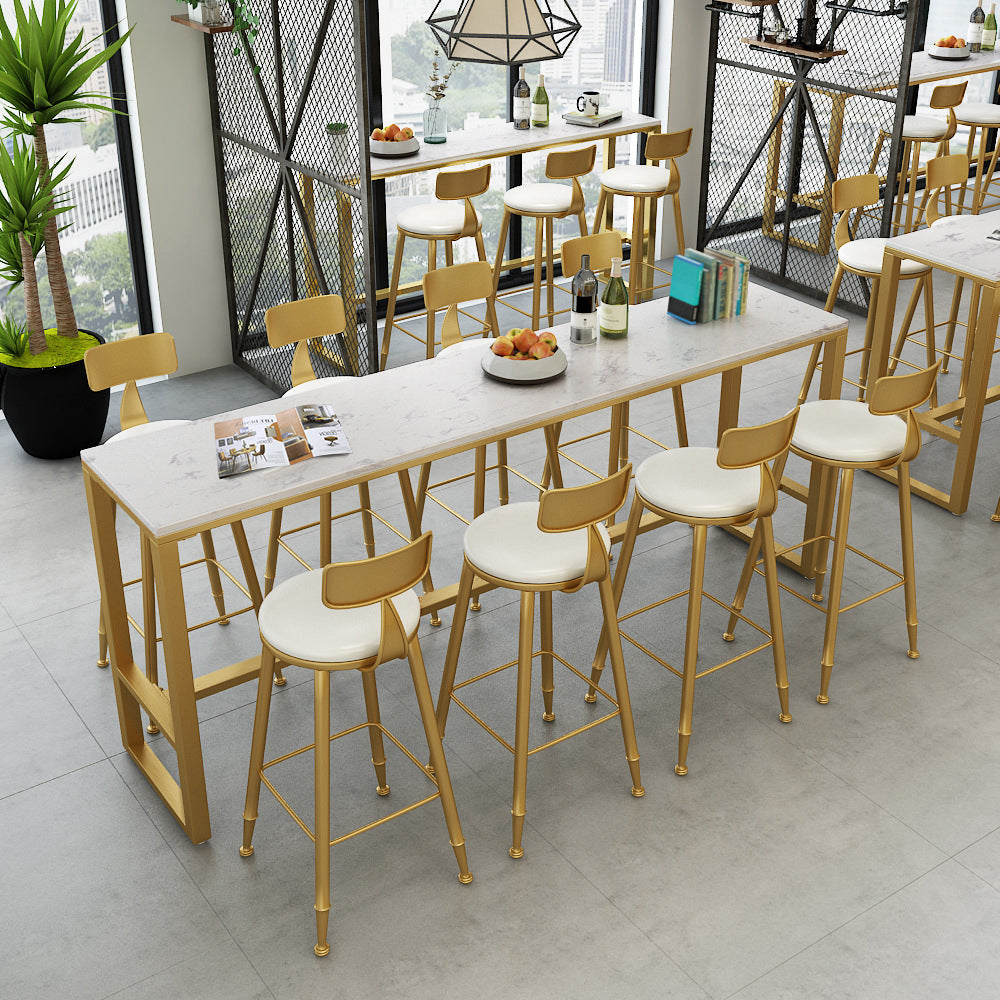 White and Black Glam Style Bar Table in Faux Marble and Metal Milk Tea Shop Bar Table 86.6"L x 15.7"W x 41.3"H White Without Chairs Clearhalo 'Bar Furniture' 'Bar Tables' 'bar_tables' 'furn' 'furn_bar_tables' 'Furniture' 'furniture_bar_tables' 'Kitchen & Dining Furniture' 4430788