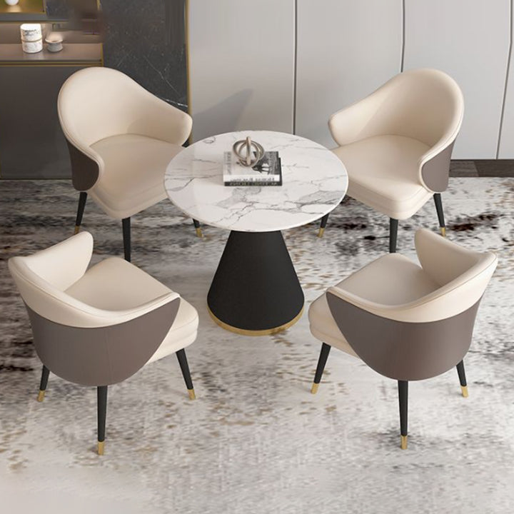 1/5 Pcs Metal Modern Dining Room Set with Round Table and Arm Chairs Dining Set 5 Pieces: Table, 4 Brown Chairs Clearhalo 'Dining Room Sets' 'Dining Tables & Seating' 'dining_room_set' 'furn' 'furn_dining_room_set' 'Furniture' 'furniture_dining_room_set' 'Kitchen & Dining Furniture' 'kitchen&dining_furn' 'kitchen' 4439027