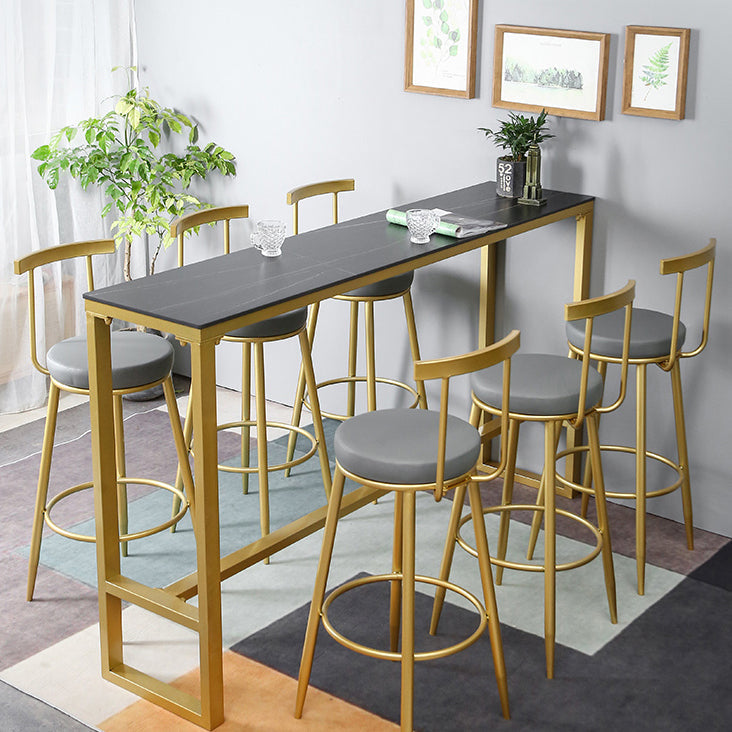 Glam Rectangle Stone Pub Bar Table Gold Iron Bar Dining Table with Trestle Pedestal 78.7"L x 15.7"W x 41.3"H Black Without Chairs Clearhalo 'Bar Furniture' 'Bar Tables' 'bar_tables' 'furn' 'furn_bar_tables' 'Furniture' 'furniture_bar_tables' 'Kitchen & Dining Furniture' 4440220