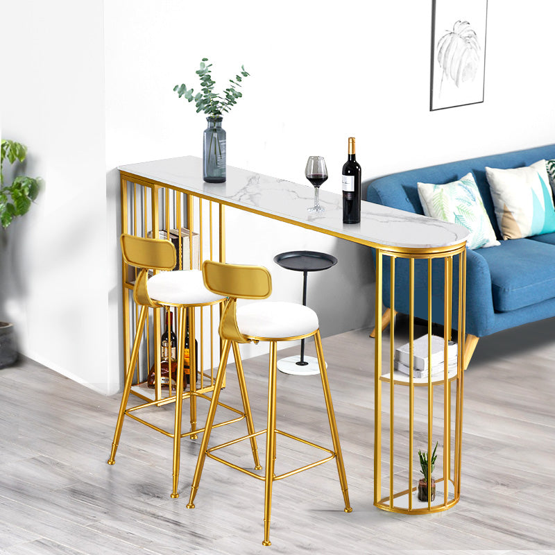 Glam White Faux Marble Pub Bar Table Iron Double Pedestal Bar Dining Table with 4-Shelf 70.9"L x 15.7"W x 41.3"H Gold Without Chairs Clearhalo 'Bar Furniture' 'Bar Tables' 'bar_tables' 'furn' 'furn_bar_tables' 'Furniture' 'furniture_bar_tables' 'Kitchen & Dining Furniture' 4440240