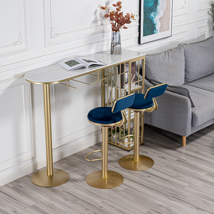 Glam White Faux Marble Bistro Table Iron Double Pedestal Bar Dining Table with 3-Shelf 78.7"L x 15.7"W x 41.3"H Gold Without Chairs Clearhalo 'Bar Furniture' 'Bar Tables' 'bar_tables' 'furn' 'furn_bar_tables' 'Furniture' 'furniture_bar_tables' 'Kitchen & Dining Furniture' 4440254