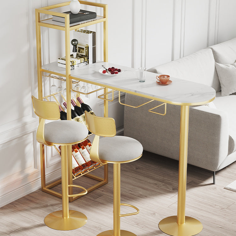 Glam Gold Iron Bar Table Faux Marble White Top 41.3"H Bistro Table with Wine Rack 59.1"L x 17.7"W x 41.3"H Without Chairs Clearhalo 'Bar Furniture' 'Bar Tables' 'bar_tables' 'furn' 'furn_bar_tables' 'Furniture' 'furniture_bar_tables' 'Kitchen & Dining Furniture' 4440489