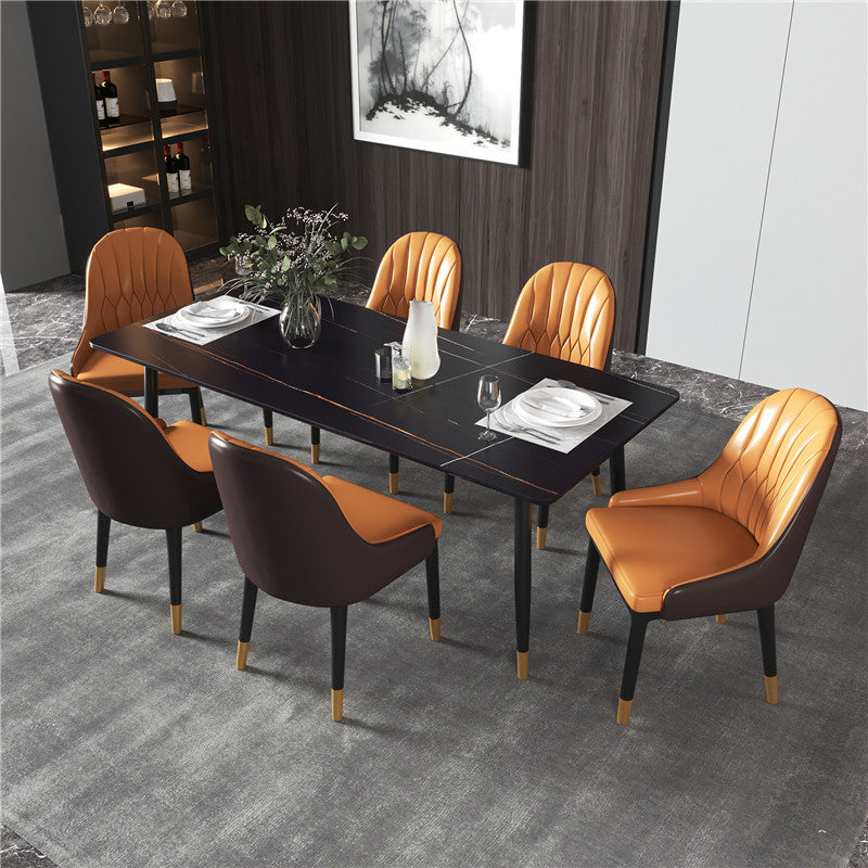 Modern Metal Dining Room Set 1/2/5/7 Pieces Dining Furniture Set 7 Pieces: Black Table, 6 Orange Chairs Clearhalo 'Dining Room Sets' 'Dining Tables & Seating' 'dining_room_set' 'furn' 'furn_dining_room_set' 'Furniture' 'furniture_dining_room_set' 'Kitchen & Dining Furniture' 'kitchen&dining_furn' 'kitchen' 4451796