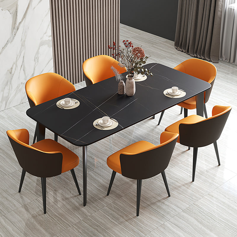 Contemporary 1/2/5/7 Pieces Dining Set Sintered Stone Dining Table 7 Pieces: Table, 6 Orange Chairs Clearhalo 'Dining Room Sets' 'Dining Tables & Seating' 'dining_room_set' 'furn' 'furn_dining_room_set' 'Furniture' 'furniture_dining_room_set' 'Kitchen & Dining Furniture' 'kitchen&dining_furn' 'kitchen' 4451806