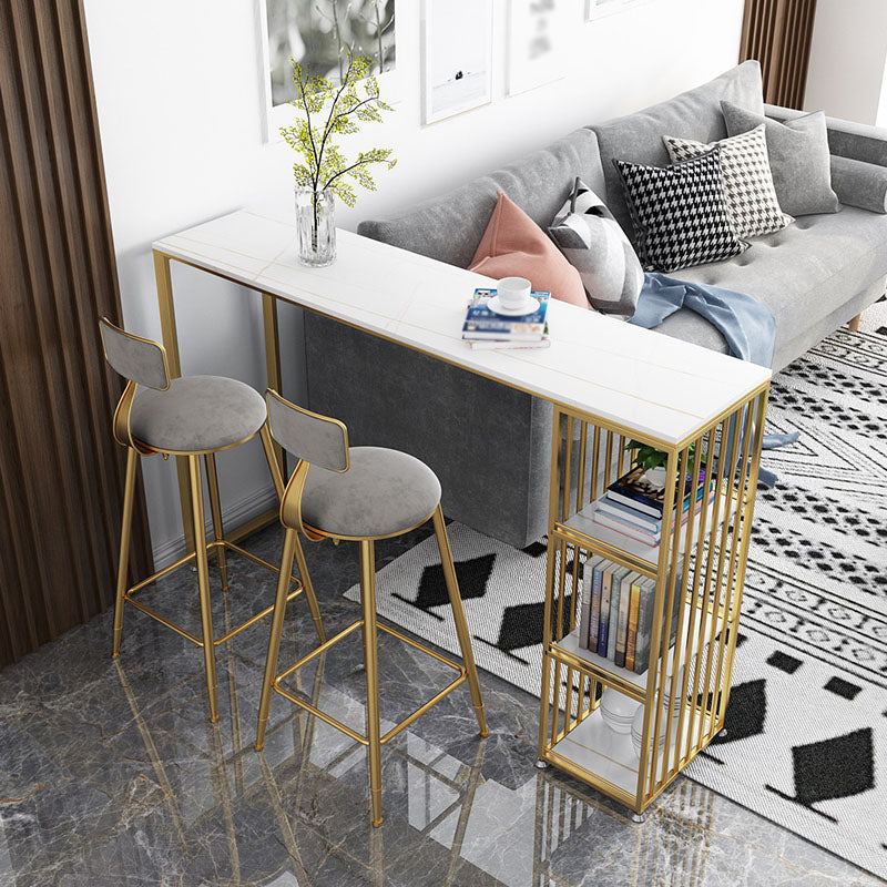 Glam Marble Bar Table with Rectangle Table Top Double Pedestal Table with 42-inch Height 63"L x 15.7"W x 41.3"H White-Gold Without Chairs Clearhalo 'Bar Furniture' 'Bar Tables' 'bar_tables' 'furn' 'furn_bar_tables' 'Furniture' 'furniture_bar_tables' 'Kitchen & Dining Furniture' 4463337