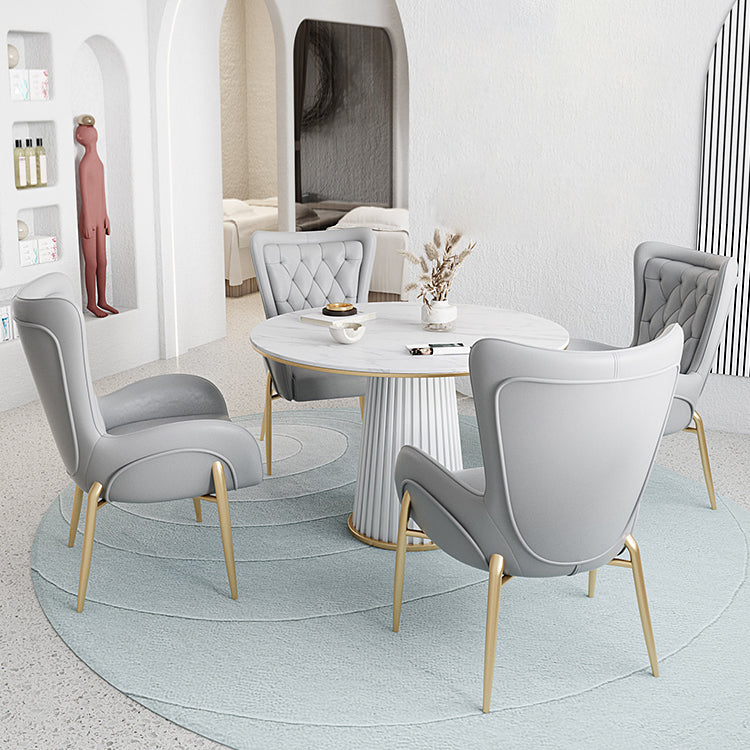 1/5 Pcs Metal Modern Dining Set with Round Indoor Table Dinette Set 5 Pieces: White Table, 4 Grey Chairs Clearhalo 'Dining Room Sets' 'Dining Tables & Seating' 'dining_room_set' 'furn' 'furn_dining_room_set' 'Furniture' 'furniture_dining_room_set' 'Kitchen & Dining Furniture' 'kitchen&dining_furn' 'kitchen' 4481646