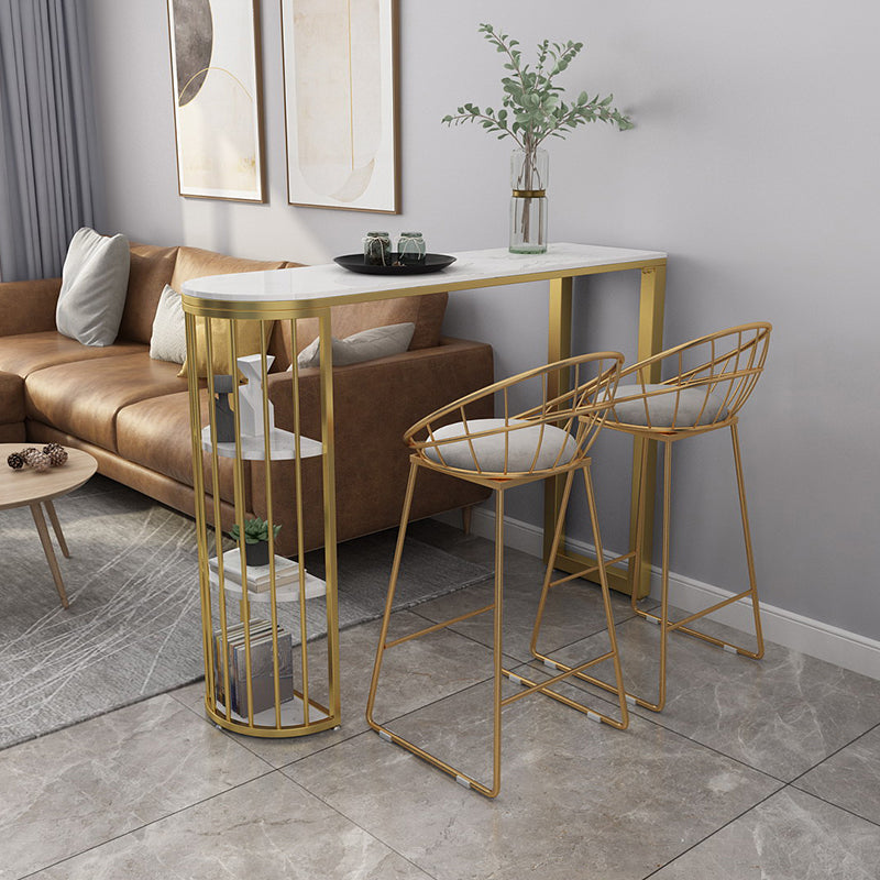 Glam Marble Pub Table with Specialty Table Top Gold Double Pedestal Table - 42" H 86.6"L x 15.7"W x 41.3"H White-Gold Without Chairs Clearhalo 'Bar Furniture' 'Bar Tables' 'bar_tables' 'furn' 'furn_bar_tables' 'Furniture' 'furniture_bar_tables' 'Kitchen & Dining Furniture' 4482747