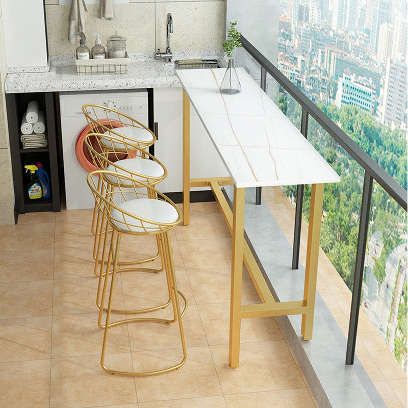 Industrial Marble Bar Table with Rectangle Table Top Trestle Table - 42" H 78.7"L x 15.7"W x 41.3"H White-Gold Without Chairs Clearhalo 'Bar Furniture' 'Bar Tables' 'bar_tables' 'furn' 'furn_bar_tables' 'Furniture' 'furniture_bar_tables' 'Kitchen & Dining Furniture' 4493710