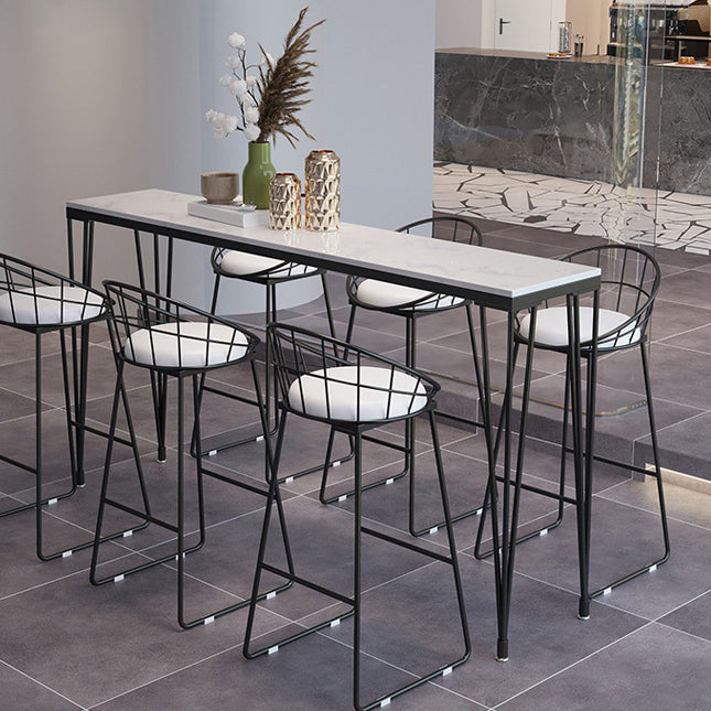 Modern Marble Bar Table with Rectangle Table Top Black Legs Table - 42" H 118.1"L x 15.7"W x 41.3"H White-Black Without Chairs Clearhalo 'Bar Furniture' 'Bar Tables' 'bar_tables' 'furn' 'furn_bar_tables' 'Furniture' 'furniture_bar_tables' 'Kitchen & Dining Furniture' 4504346