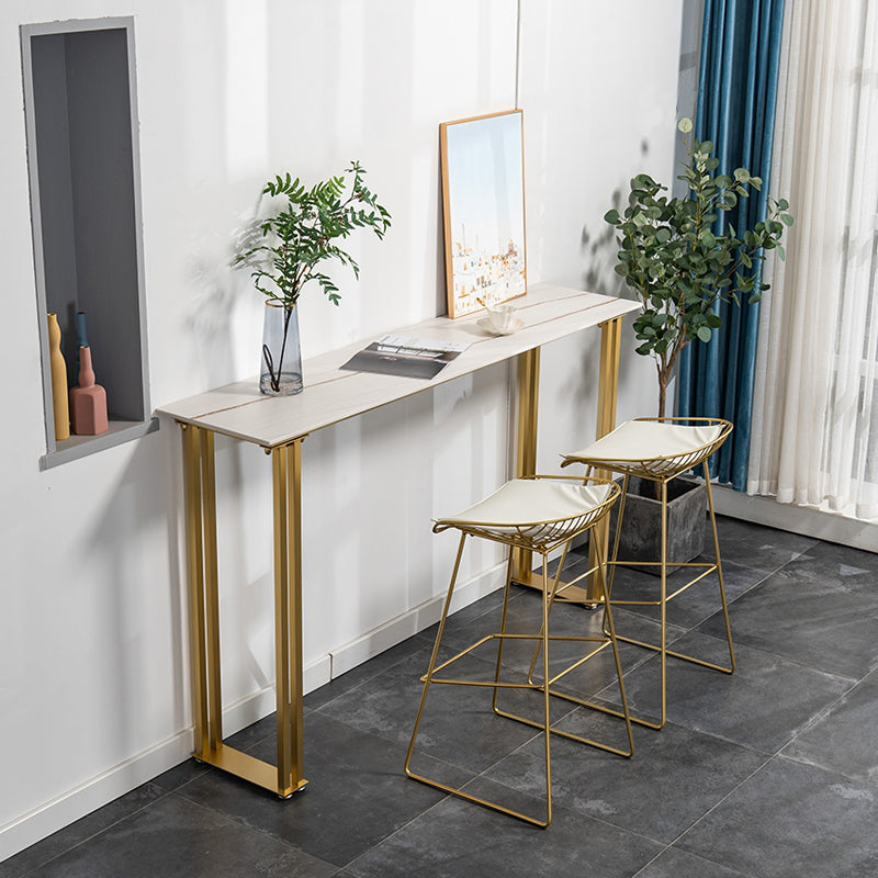 Glam Marble Counter Table with Rectangle Table Top Sled Table - 41.3" H 63"L x 15.7"W x 41.3"H White-Gold Without Chairs Clearhalo 'Bar Furniture' 'Bar Tables' 'bar_tables' 'furn' 'furn_bar_tables' 'Furniture' 'furniture_bar_tables' 'Kitchen & Dining Furniture' 4504465