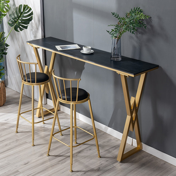 Glam Marble Bar Table with Rectangle Table Top Double Pedestal Table - 41.3" H 63"L x 15.7"W x 41.3"H Gold-Black Without Chairs Clearhalo 'Bar Furniture' 'Bar Tables' 'bar_tables' 'furn' 'furn_bar_tables' 'Furniture' 'furniture_bar_tables' 'Kitchen & Dining Furniture' 4513088