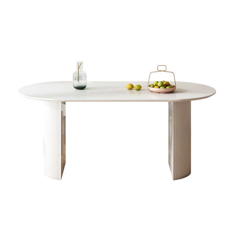 White Tone Dining Table Simplicity Double Pedestal Table for Dining Room Oval Wood 63"L x 31.5"W x 29.5"H Clearhalo ' dining_table' 'Dining Tables & Seating' 'Dining Tables' 'furn' 'furn_dining_table' 'Furniture' 'furniture_dining_table' 'Kitchen & Dining Furniture' 'kitchen&dining_furn' 'kitchen' 'kitchen_dining_table' 4523222