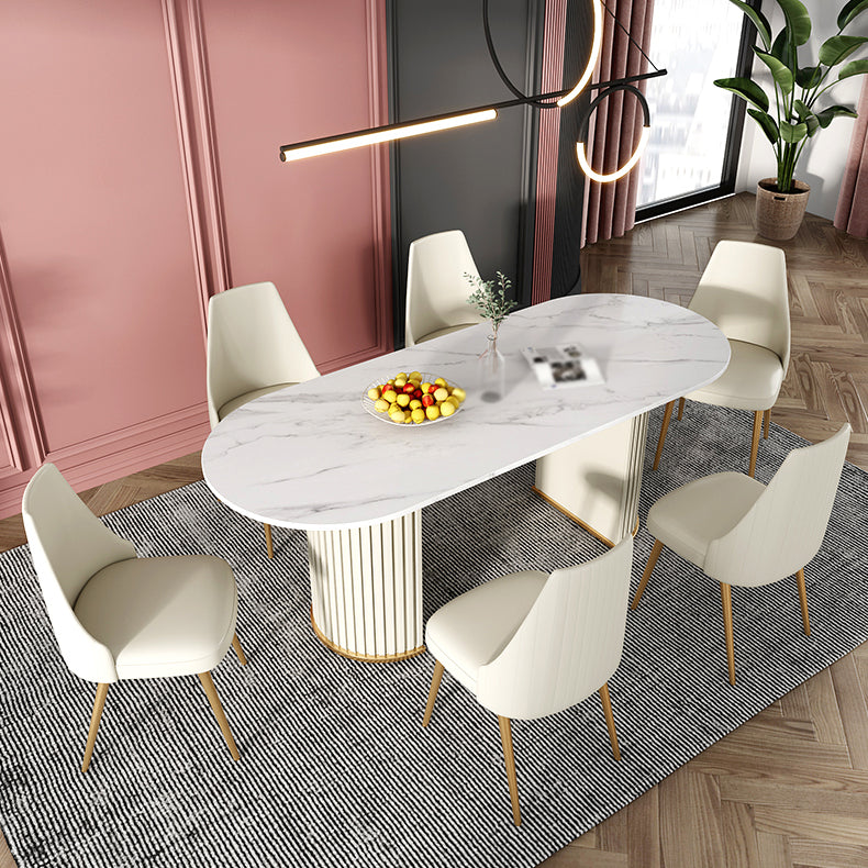 Glam Style 1/2/5/7 Pieces Dining Set Sintered Stone Dining Table for Home Use 7 Pieces: Beige Table, 6 Chairs Clearhalo 'Dining Room Sets' 'Dining Tables & Seating' 'dining_room_set' 'furn' 'furn_dining_room_set' 'Furniture' 'furniture_dining_room_set' 'Kitchen & Dining Furniture' 'kitchen&dining_furn' 'kitchen' 4524281