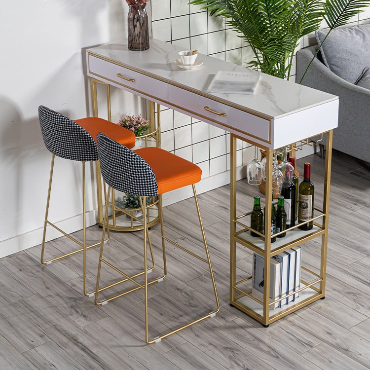 Marble Bar Table with Rectangle Table Top Double Pedestal Table - 41.3" H 47.2"L x 15.7"W x 41.3"H White-Gold Without Chairs Clearhalo 'Bar Furniture' 'Bar Tables' 'bar_tables' 'furn' 'furn_bar_tables' 'Furniture' 'furniture_bar_tables' 'Kitchen & Dining Furniture' 4528171