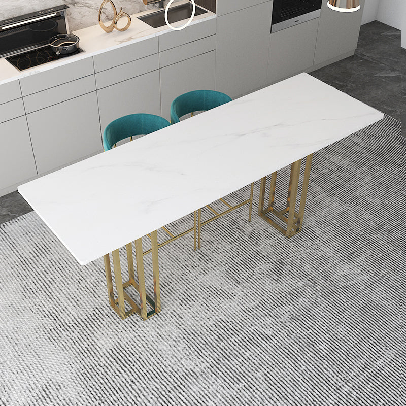 Industrial Marble Bar Table with Rectangle Table Top Double Pedestal Table - 39" H 86.6"L x 23.6"W x 39.4"H Gold Without Chairs Clearhalo 'Bar Furniture' 'Bar Tables' 'bar_tables' 'furn' 'furn_bar_tables' 'Furniture' 'furniture_bar_tables' 'Kitchen & Dining Furniture' 4528303