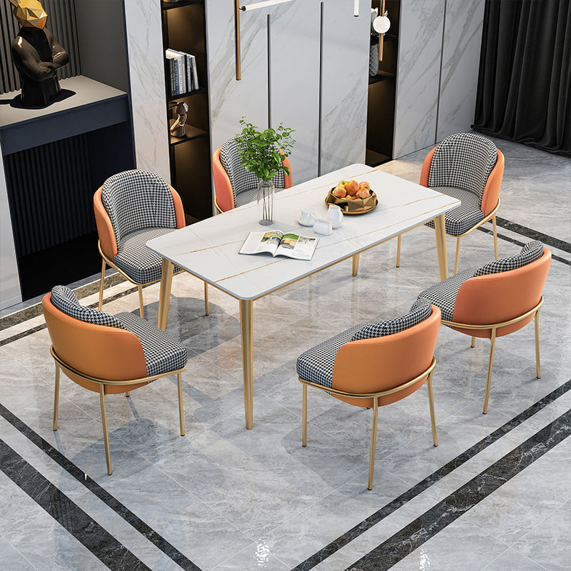 Minimalist Design 1/2/5/7 Rectangular Dining Room Table with Upholstered Chairs 7 Pieces: White Table, 6 Black-white Chairs Clearhalo 'Dining Room Sets' 'Dining Tables & Seating' 'dining_room_set' 'furn' 'furn_dining_room_set' 'Furniture' 'furniture_dining_room_set' 'Kitchen & Dining Furniture' 'kitchen&dining_furn' 'kitchen' 4545698