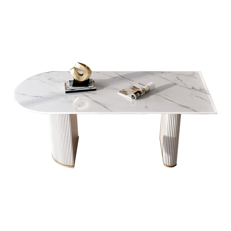 Sintered Stone Top Luxury White Table Table with Double Pedestal Base for Restaurant Free Form 78.7"L x 31.5"W x 29.5"H Without Chairs Clearhalo ' dining_table' 'Dining Tables & Seating' 'Dining Tables' 'furn' 'furn_dining_table' 'Furniture' 'furniture_dining_table' 'Kitchen & Dining Furniture' 'kitchen&dining_furn' 'kitchen' 'kitchen_dining_table' 4545908