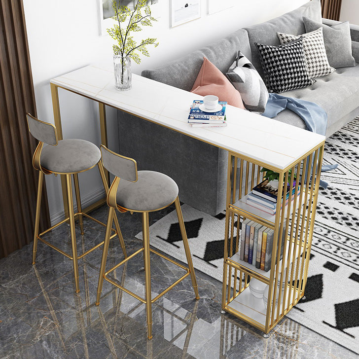 Glam Marble Counter Table with Rectangle Table Top Double Pedestal Table - 42" H 70.9"L x 15.7"W x 41.3"H White-Gold Without Chairs Clearhalo 'Bar Furniture' 'Bar Tables' 'bar_tables' 'furn' 'furn_bar_tables' 'Furniture' 'furniture_bar_tables' 'Kitchen & Dining Furniture' 4556233