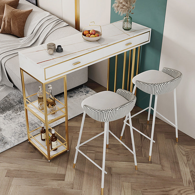 Marble Counter Table with Rectangle Table Top Double Pedestal Table - 41.3" H 47.2"L x 15.7"W x 41.3"H White-Gold Without Chairs Clearhalo 'Bar Furniture' 'Bar Tables' 'bar_tables' 'furn' 'furn_bar_tables' 'Furniture' 'furniture_bar_tables' 'Kitchen & Dining Furniture' 4556310