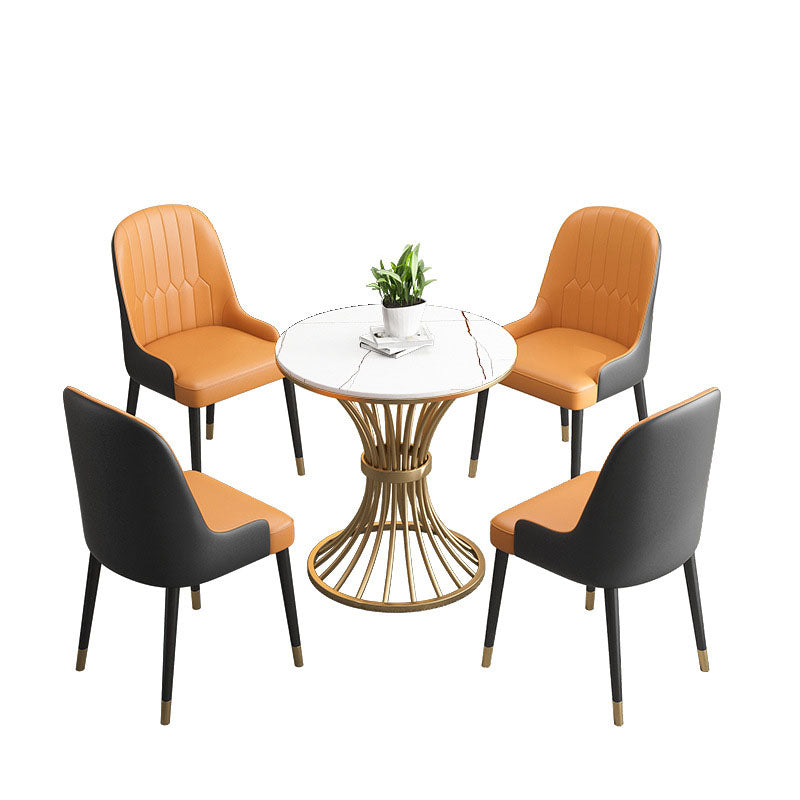 Glam Style 1/3/4/5 Pieces Dining Set Round Sintered Stone Dining Table Set 5 Pieces: White Table, 4 Orange Chairs Clearhalo 'Dining Room Sets' 'Dining Tables & Seating' 'dining_room_set' 'furn' 'furn_dining_room_set' 'Furniture' 'furniture_dining_room_set' 'Kitchen & Dining Furniture' 'kitchen&dining_furn' 'kitchen' 4570207