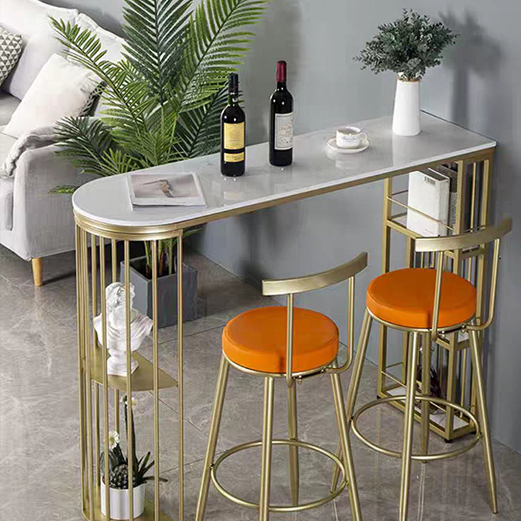 Glam Marble Top Bar Table Gold Double Pedestal Table - 41.3" H 63"L x 15.7"W x 41.3"H White Without Chairs Clearhalo 'Bar Furniture' 'Bar Tables' 'bar_tables' 'furn' 'furn_bar_tables' 'Furniture' 'furniture_bar_tables' 'Kitchen & Dining Furniture' 4570530