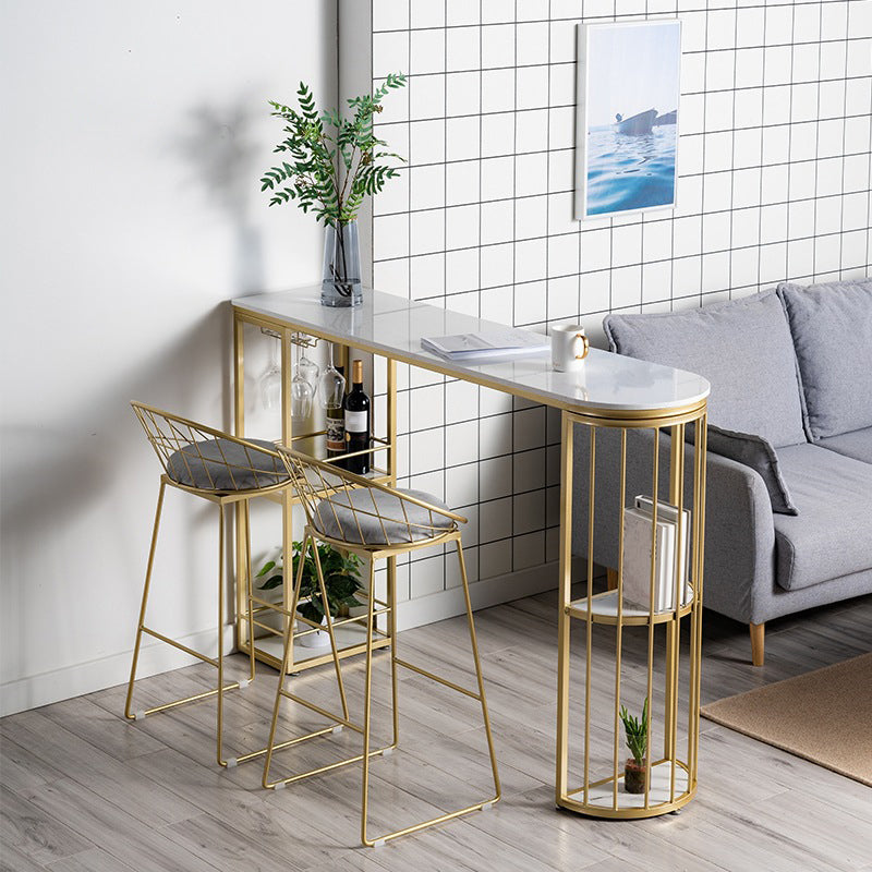 Glam Marble Counter Table with Specialty Top Double Pedestal Table - 42" H 70.9"L x 15.7"W x 41.3"H White-Gold Without Chairs Clearhalo 'Bar Furniture' 'Bar Tables' 'bar_tables' 'furn' 'furn_bar_tables' 'Furniture' 'furniture_bar_tables' 'Kitchen & Dining Furniture' 4575085