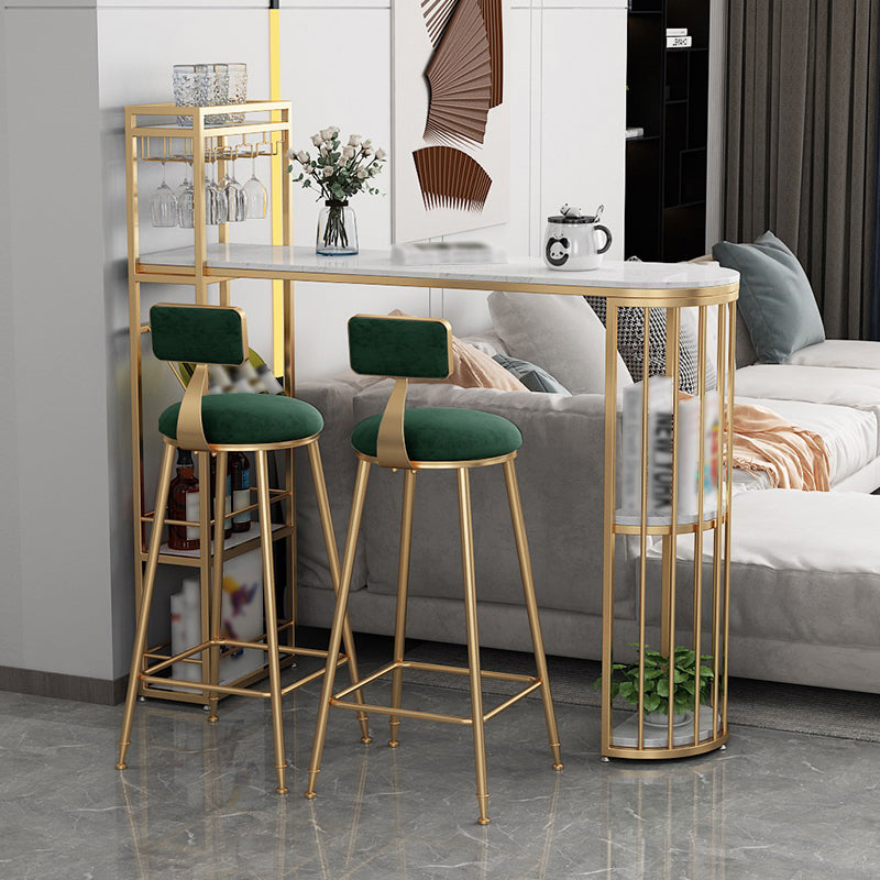 Glam Style Table in Iron Top and Faux Marble with Shelf Milk Tea Shop Bar Table 86.6"L x 15.7"W x 41.3"H Gold Without Chairs Clearhalo 'Bar Furniture' 'Bar Tables' 'bar_tables' 'furn' 'furn_bar_tables' 'Furniture' 'furniture_bar_tables' 'Kitchen & Dining Furniture' 4575228