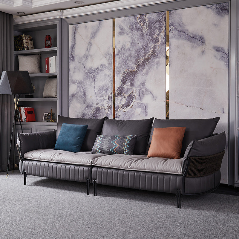 Ultra-Modern Faux Leather Square Arm Sofa with Loose Back Stain Resistant Standard Sofa 110"L x 39.5"W x 33.5"H Grey Clearhalo 'furn' 'furn_sofas' 'Furniture' 'furniture_sofas' 'kitchen' 'kitchen_sofas' 'Living Room Furniture' 'Sofa' 'sofas' 4592225